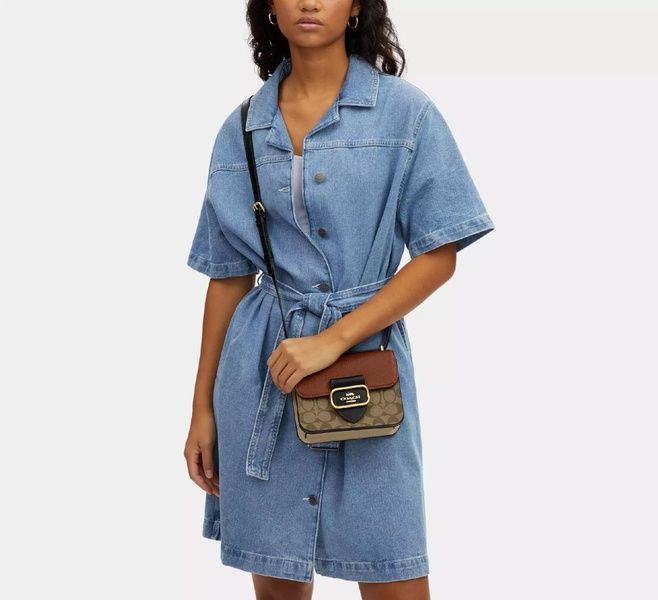 Сумка Coach Morgan Square Crossbody Bag In Blocked Signature Canvas коричневая 195031994654 фото
