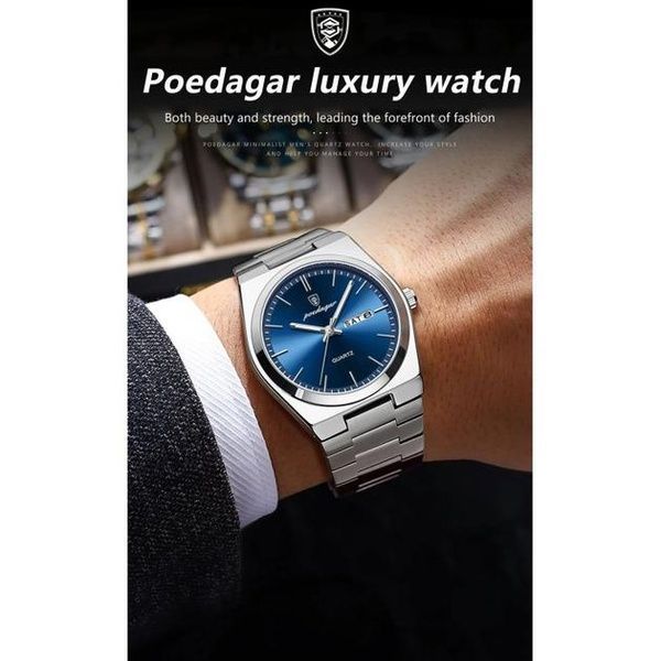 Мужские часы Poedagar 737 серебряные, синий циферблат 94816112 фото