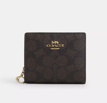 Компактный женский кошелек Coach Snap Wallet In Signature Canvas Gold Walnut Black w1709 фото